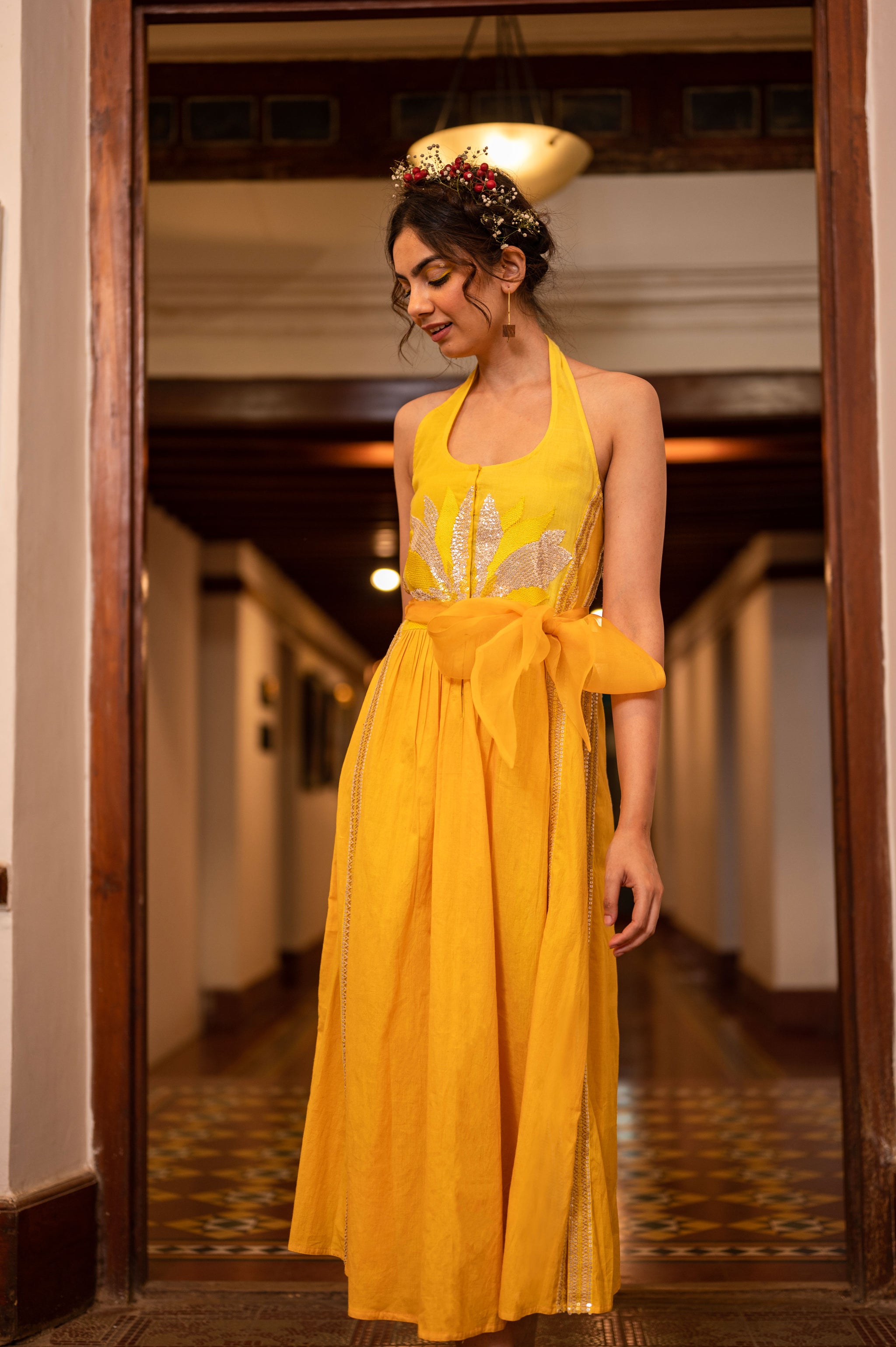 Cotton halter dress with hand embroidered sunflower motif Latha Puttanna Online Store Cotton halter dress with hand embroidered sunflower motif Latha Puttanna Online Store