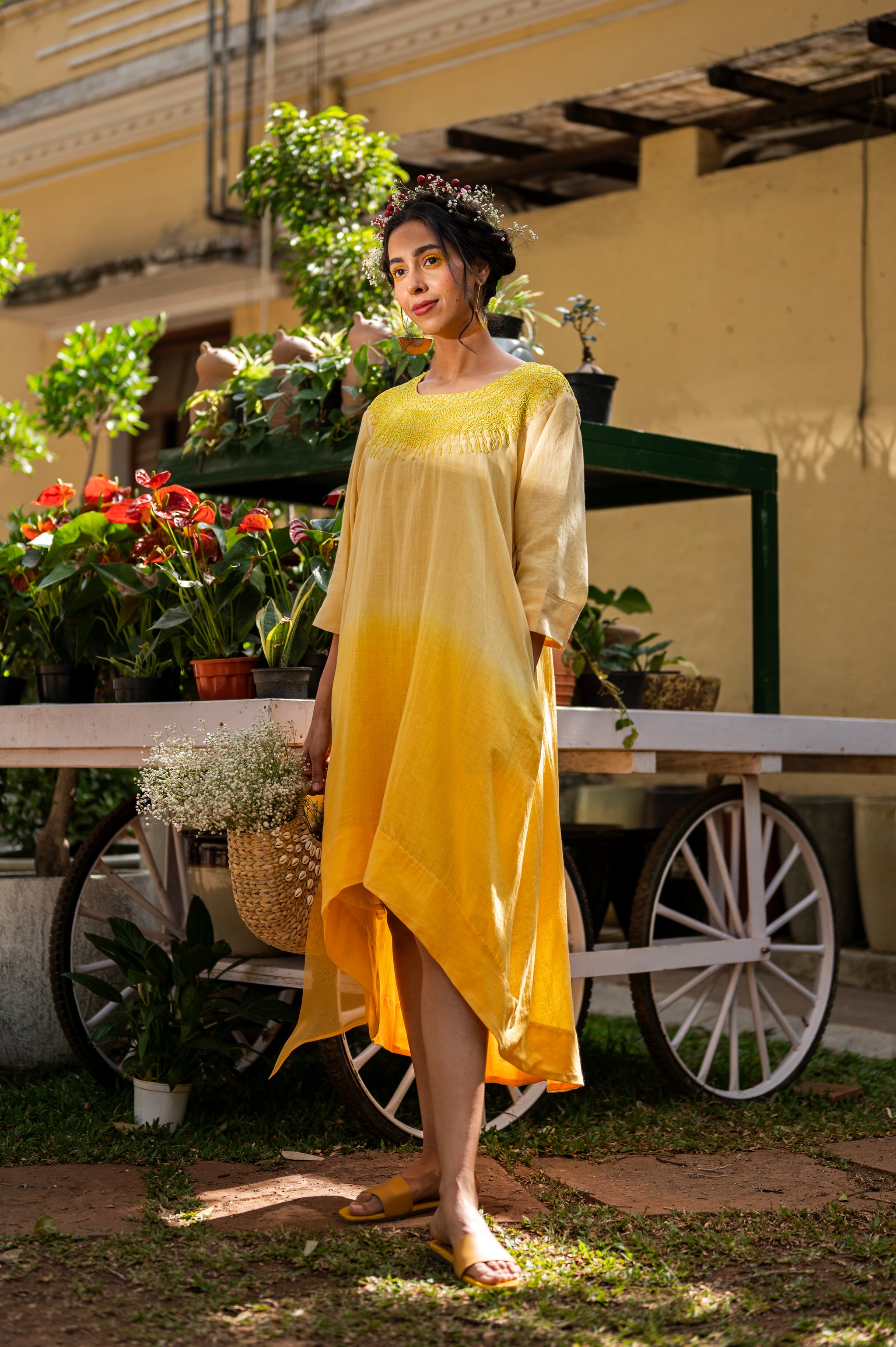 Ombre Cotton dress with hand embroidered bead work yoke style – Latha  Puttanna Online Store